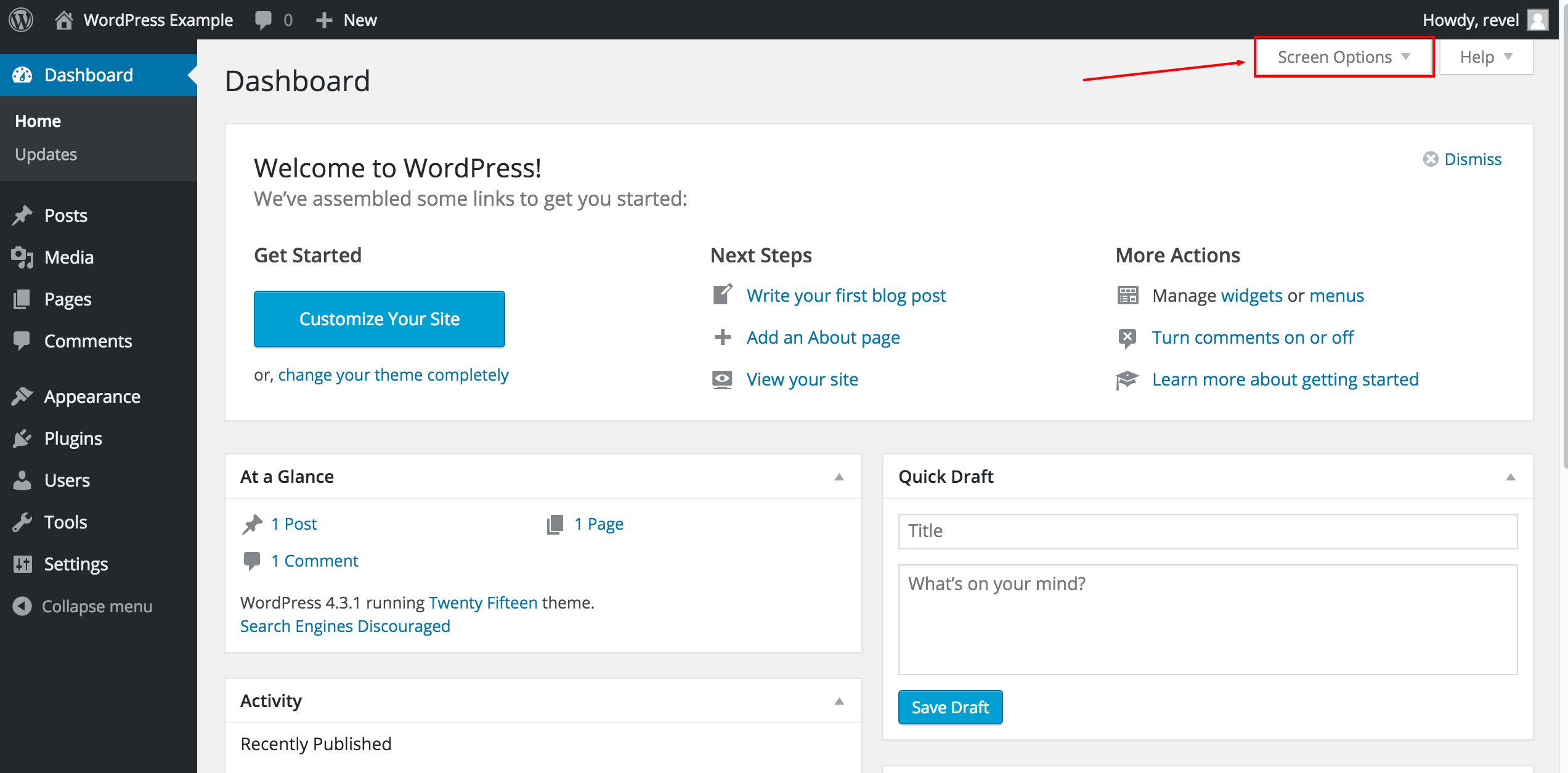 Click "Screen Options" to clean up your dashboard.